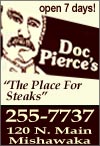 Doc Pierce's, known for Aged and Hand-cut Steaks & Jumbo Shrimp.